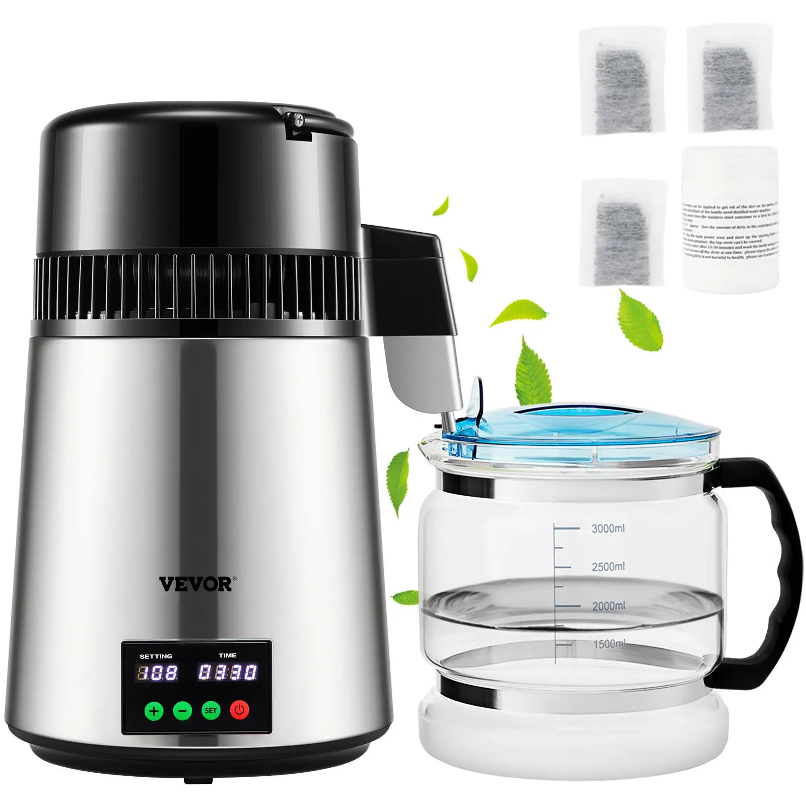 【Summerfinds】VEVOR 1.1 Gal Water Distiller,  0.3 Gal/H, 750W Distilled Water Maker Machine 0-99H Timing Set Temp Display, 304 Stainless Steel Countertop Distiller Glass Carafe Cleaning Powder 3 Carbon Packs, Silver