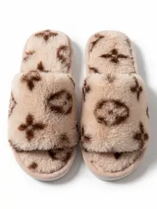 Women's Plush Slippers for Fall Winter, Print Pattern Non-Slip Thong Indoor Home Footwear Warm Soft Sole Cotton Slippers