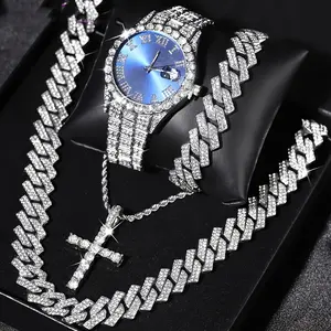 [New Product]Men's Diamond Watch Fashion Crystal Rhinestone Quartz Analog Watch Iced-Out Bracelet Wrist Watch Cross necklace souvenir, Valentine's Day gift