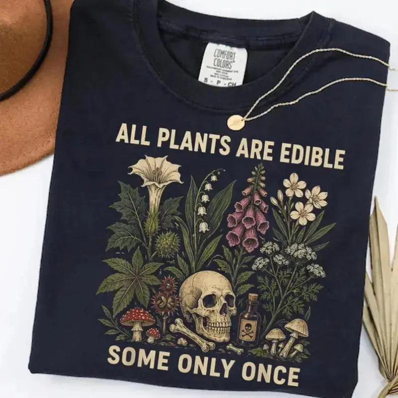 Women's Oversized Ribbed Cotton Graphic T-Shirt - Casual Breathable Everyday Streetwear, Unisex Boxy Heavyweight Tee (S-5XL) with Funny Dark Botanical "All Plants Are Edible Some Only Once" Print, Gothic Gardening Shirt