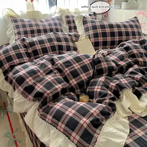 3pcs black checkered bedding with soft lace lace duvet cover and pillowcase (excluding core), duvet cover with zipper for easy removal and washing, comfortable and soft fabric, suitable for all seasons
