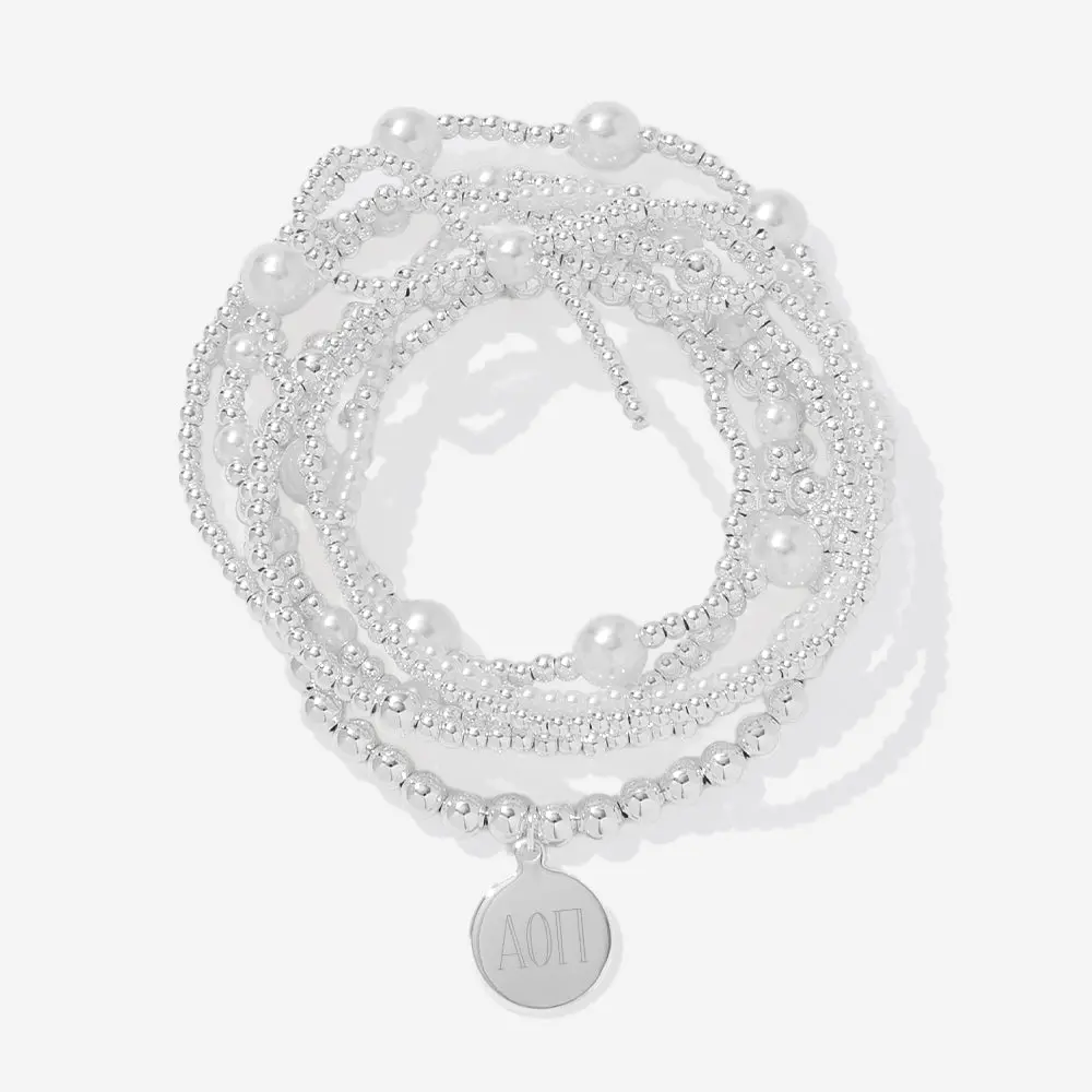 Alpha Omicron Pi Pearl Bow Bracelet Stack | Silver
