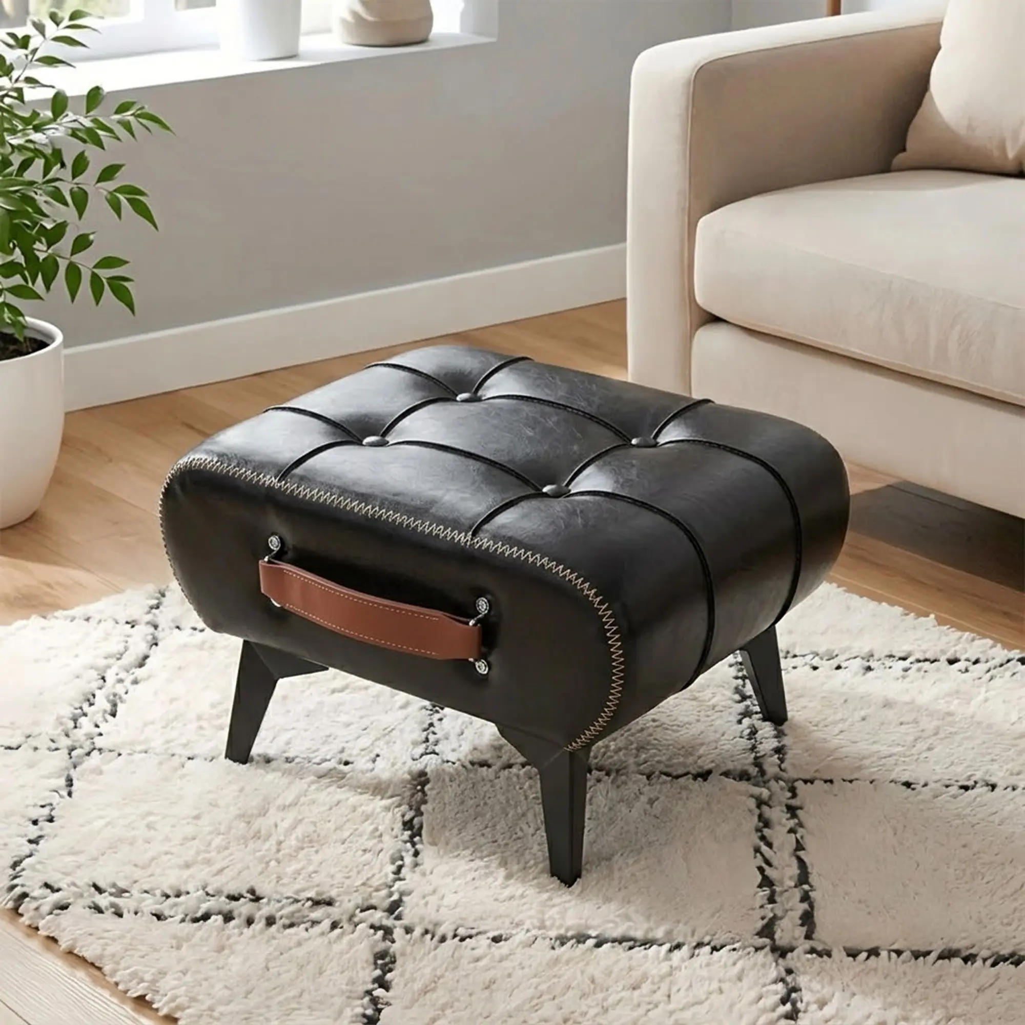 Leather Storage Ottoman Footstool with Hidden Storage, Portable Handle, Metal Legs, Square Foot Rest Stool for Living Room, Bedroom, Entryway, Multiple Color Options Available