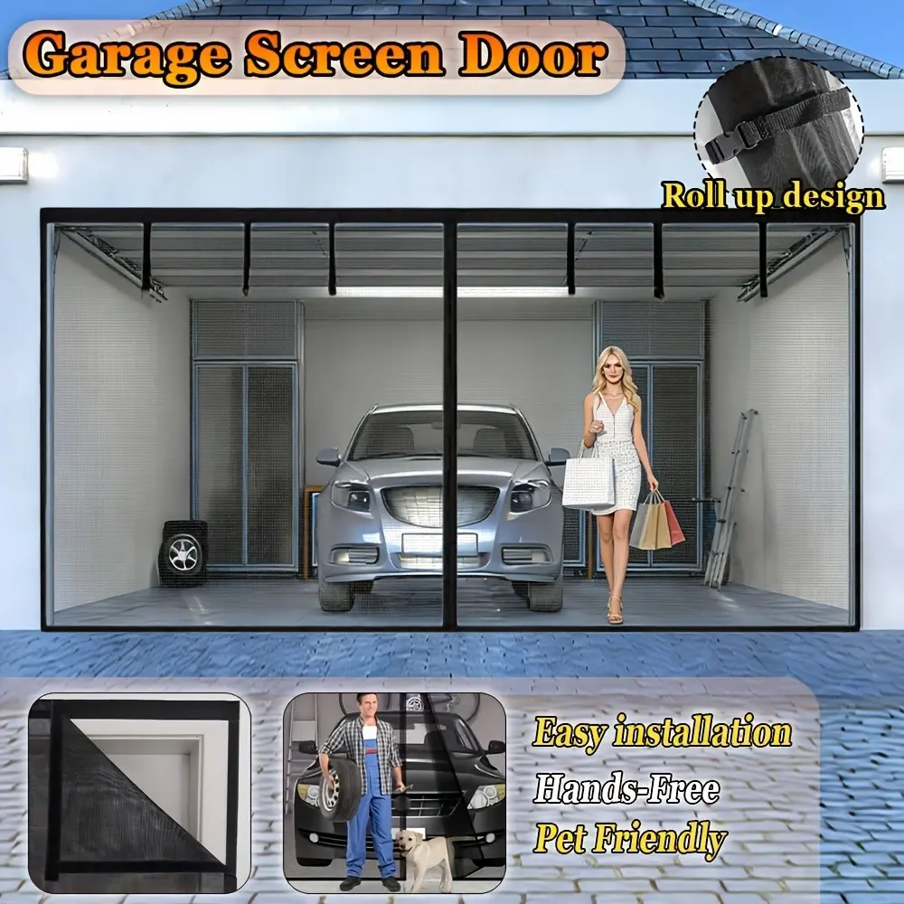 1pc Garage Screen Door for Two-Car Garage, 16x8 Feet, Magnetic Closure, Heavy Bottom, Self-Sealing Glass Fiber Mesh, Easy Assembly, Magnetic Doors