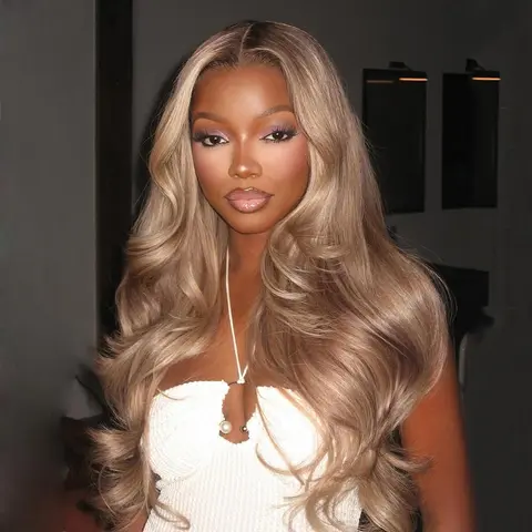 Ash Blonde Milk Tea Colored Body Wave 13X6 HD Transparent Can Be Restyled With Baby Hair Body Wave Pre-Cut Lace Drawstring Wig Brown Root Ombre Ash Blonde Glueless Wig 180% density For Woman