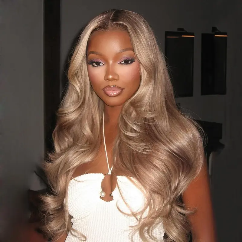 Ash Blonde Milk Tea Colored Body Wave 13X6 HD Transparent Can Be Restyled With Baby Hair Body Wave Pre-Cut Lace Drawstring Wig Brown Root Ombre Ash Blonde Glueless Wig 180% density For Woman