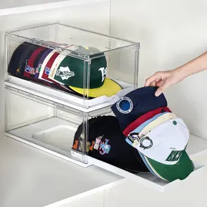 1/2pcs Pack Hat Organizer for Baseball Caps, Clear Hats Holder Box with Drawer, Large Cap Storage with Sliding Tray, Stackable Rack Display Case with Magnetic Door, Each Holds 12 Hats