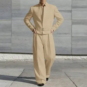 INCERUN Spring/Summer Men's Fashion Stand Collar Long Sleeve Suit Jacket + Trousers Set