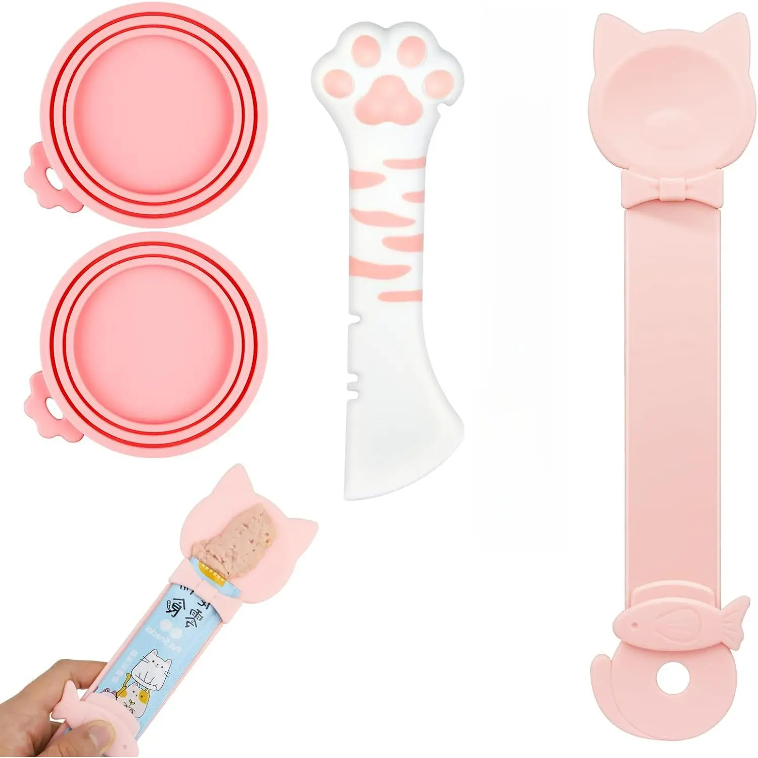 4 PCS Cat Food Can Covers Lids Set,  Cat Bar Squeezer for Cats and Dogs，Silicone Pet Food Can Lids with Multi-Function Cat Food Spoon and Opener (Pink)