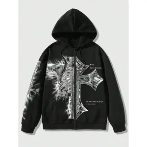 Men’s zip-up hoodie with cross and lightning print, loose casual streetwear long-sleeve hooded jacket for fall and winter, men’s daily wear sweatshirts
