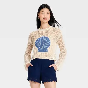 Women's Open Work Shell Pullover Sweater - A New Day Cream/Blue S