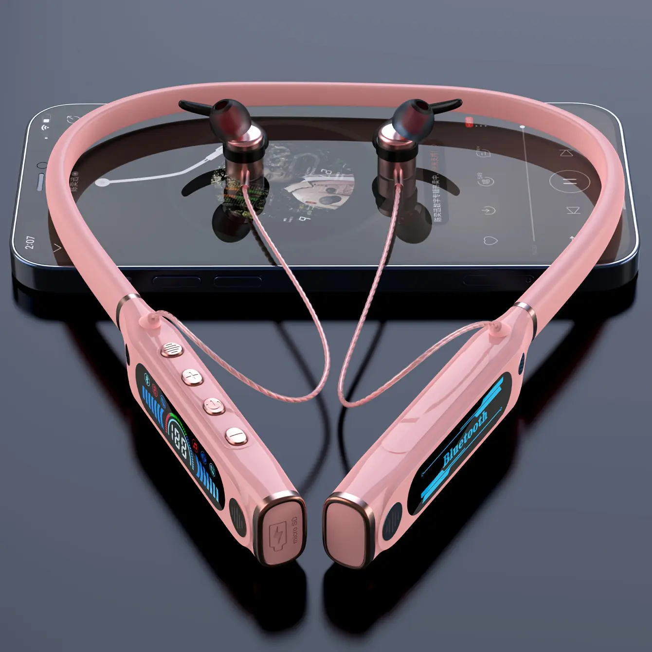 Pink Collar-Style Neckband Wireless Earbuds - In-Ear Bluetooth Headset for Cellphones & Mobile Devices, 1000 mAh Battery, Active Noise Cancellation, 20kHz HD Sound, TF Card Support, Comfortable Fit, Compact Portability, Ideal for Fitness, Cycling