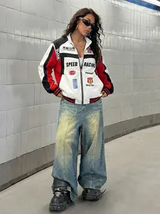 Women's Vintage Baseball Jacket, Patchwork Design, Long Sleeve, Racing Style, Pilot & Messenger Cut, Colorblock Y2K, Retro Streetwear