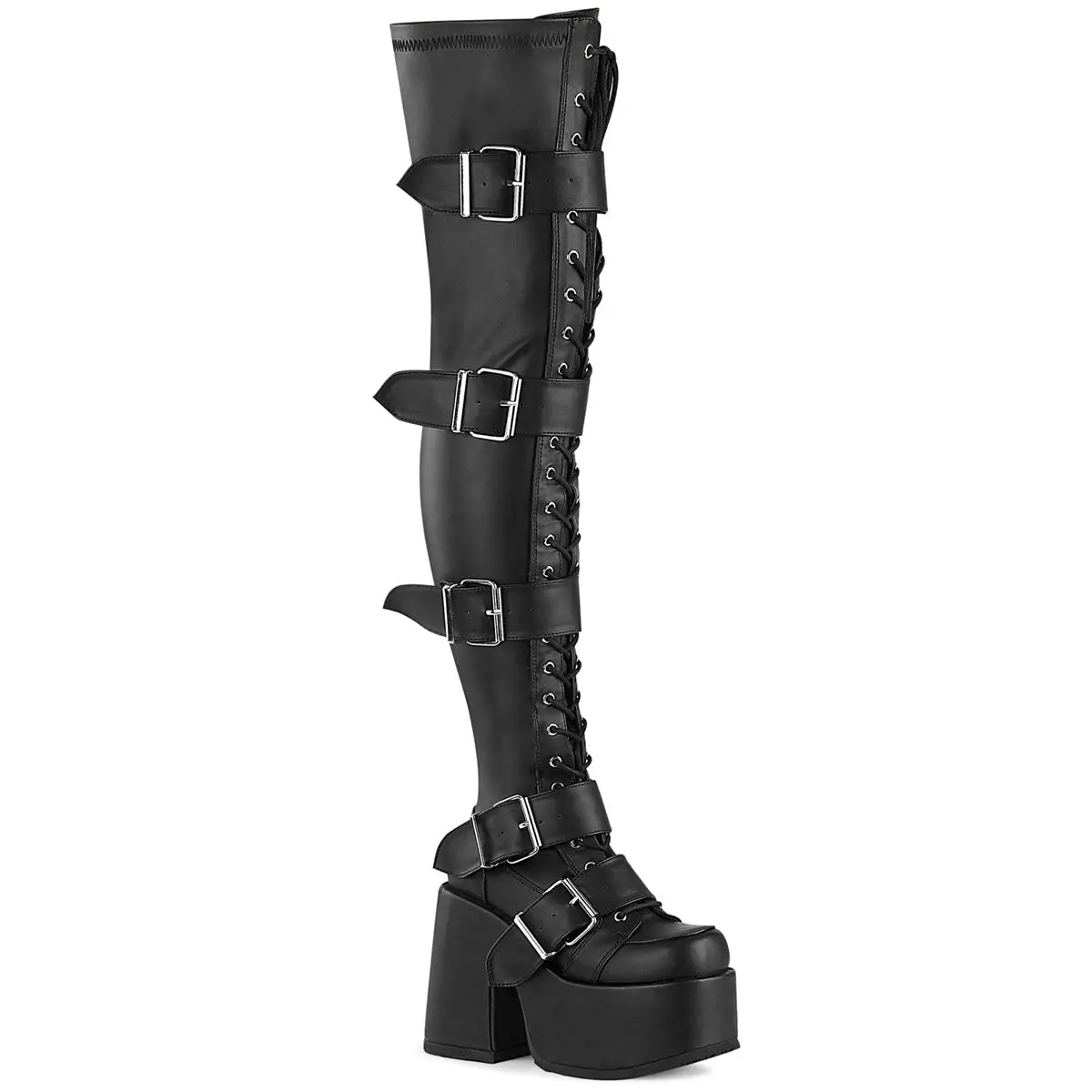Demonia Camel-305 Round Toe Cuban Heel Lace-Up Thigh-High Boots for Women Demonia Camel-305 Round Toe Cuban Heel Lace-Up Thigh-High Boots for Women