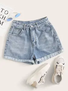 VYNCE Summer Rolled High-Rise Denim Shorts - Pantalones Cortos de Mezclilla de Talle Alto con Dobladillo Enrollado para el Verano y Diseño de Cintura Alta para Mujer