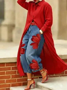 Women's Red Floral Print Cropped Jeans, Casual High-Waisted Wide-Leg Denim Jeans, Suitable For Spring, Summer And Autumn.