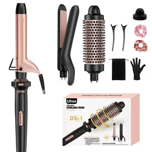 3 in 1 Curling Iron, Curling Wand Set with 3 Interchangable Ceramic Beach Waves Wands, Dual Voltage 30s Fast Heating with Heat Resistant Glove & 2 Clip for Long/Short All Hairstyle