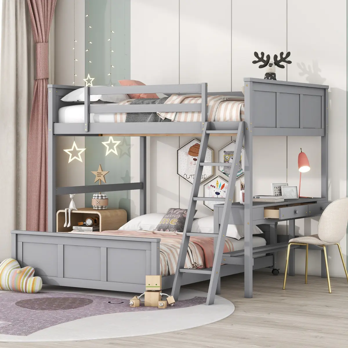 Full Over Full Bunk Bed with Desk, Gray(OLD SKU:LT001006AAE)