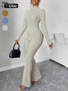 2-piece striped high neck split hem flared pants set, casual for women, perfect for spring and fall, comfortable knit fabric