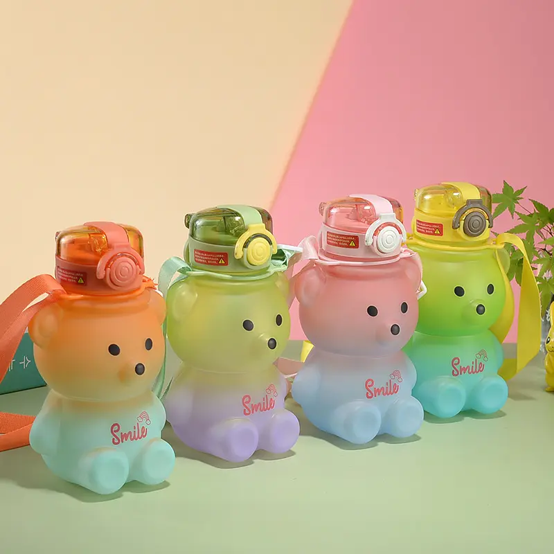 Gradient colored teddy bear silicone straw children's kettle sports water cup large capacity student heat-resistant plastic cup