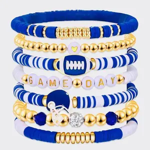 Game Day 8 piece Stackable Friendship FootBall CZ Beaded Charm Bracelet Set In Various Colors & Styles