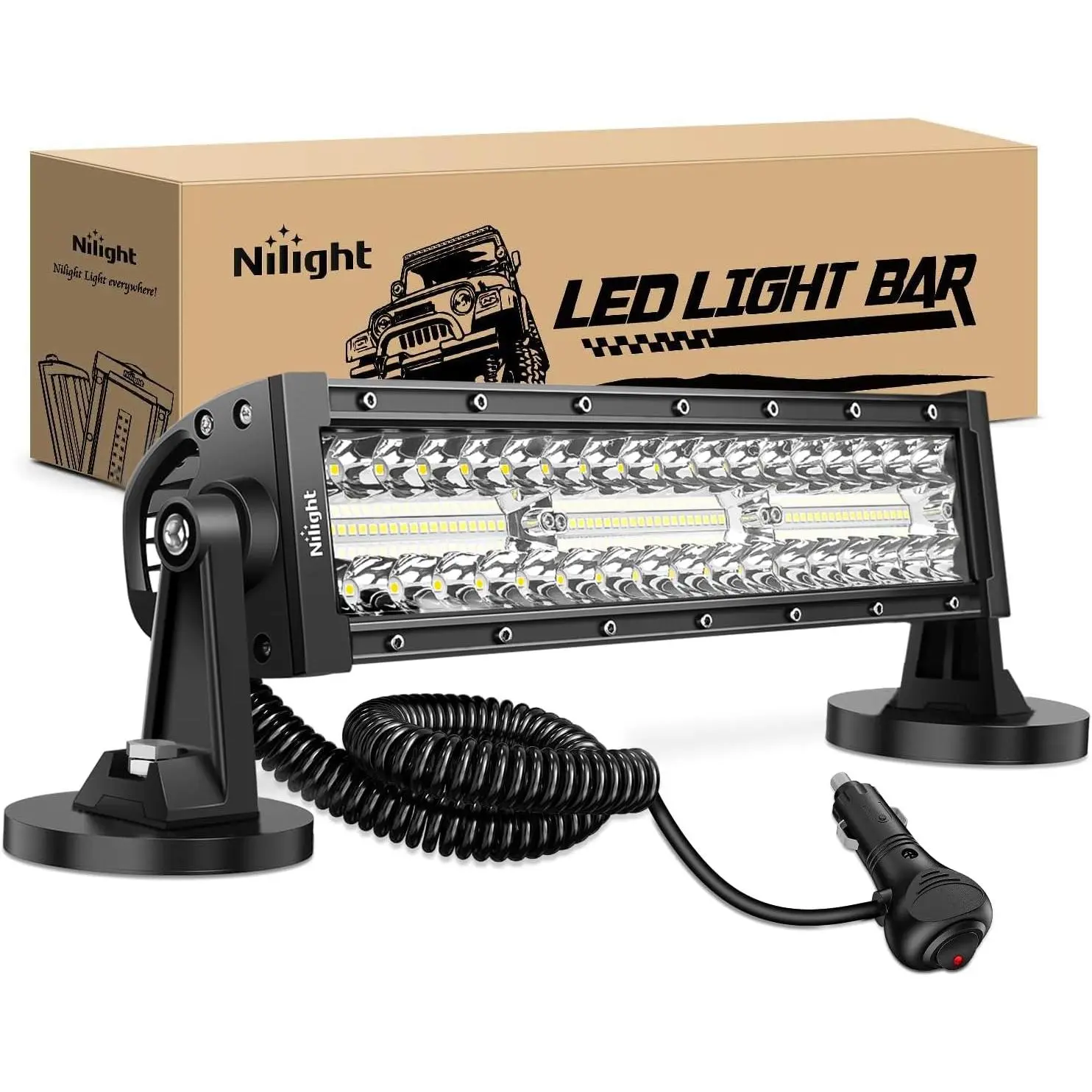 Nilight 13.5In 96LED Triple Row Aluminum Heavy Duty Car Lighting Auxiliary Light Bar - Magnetic Mount, Shock & Vibration Resistant, 288W Power Bright Illumination Spot-Flood Combo, Plug-and-Play Wiring for Trucks, Tractors