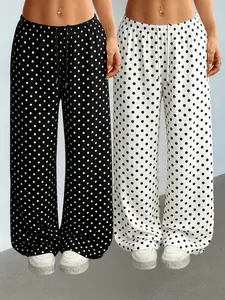 Women's Casual Long Pants Set, Polka Dot Loose Straight Leg, Casual Lounge Pants, Perfect for Outdoors, Home, Dating, 2 Piece Pack, Womenswear, Casual Bottom, All Season Trousers