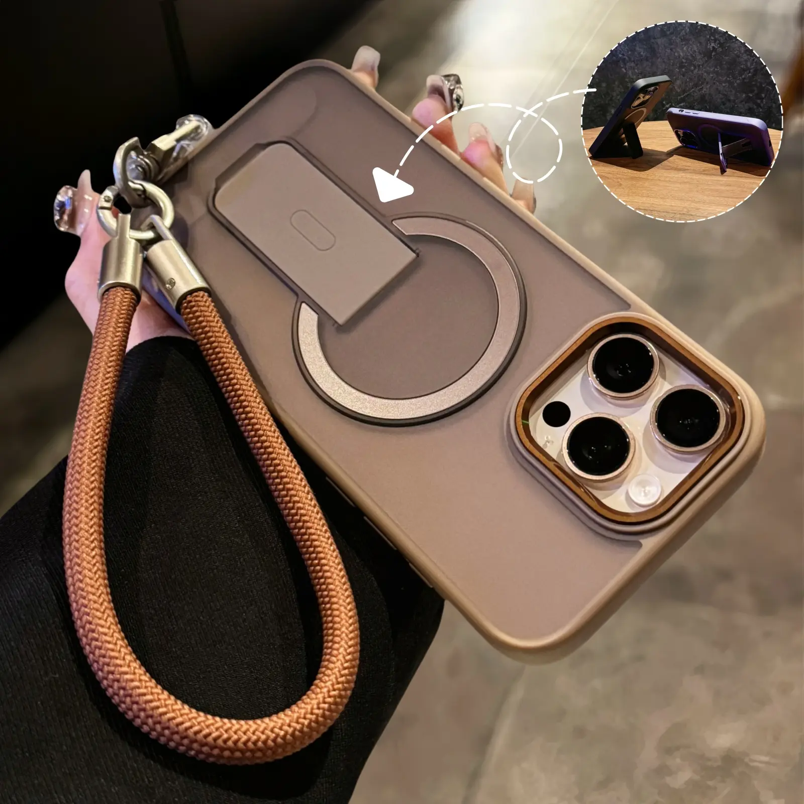 【Nylon Lanyard】Frosted skin sense bracket magnetic For iphone16 Pro Max 17 15 14 13 iPhone case silicone soft shell TPU+PC shockproof