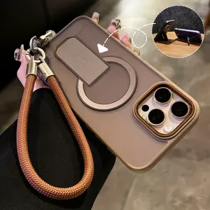 【Nylon Lanyard】Frosted skin sense bracket magnetic For iphone16 Pro Max 17 15 14 13 iPhone case silicone soft shell TPU+PC shockproof