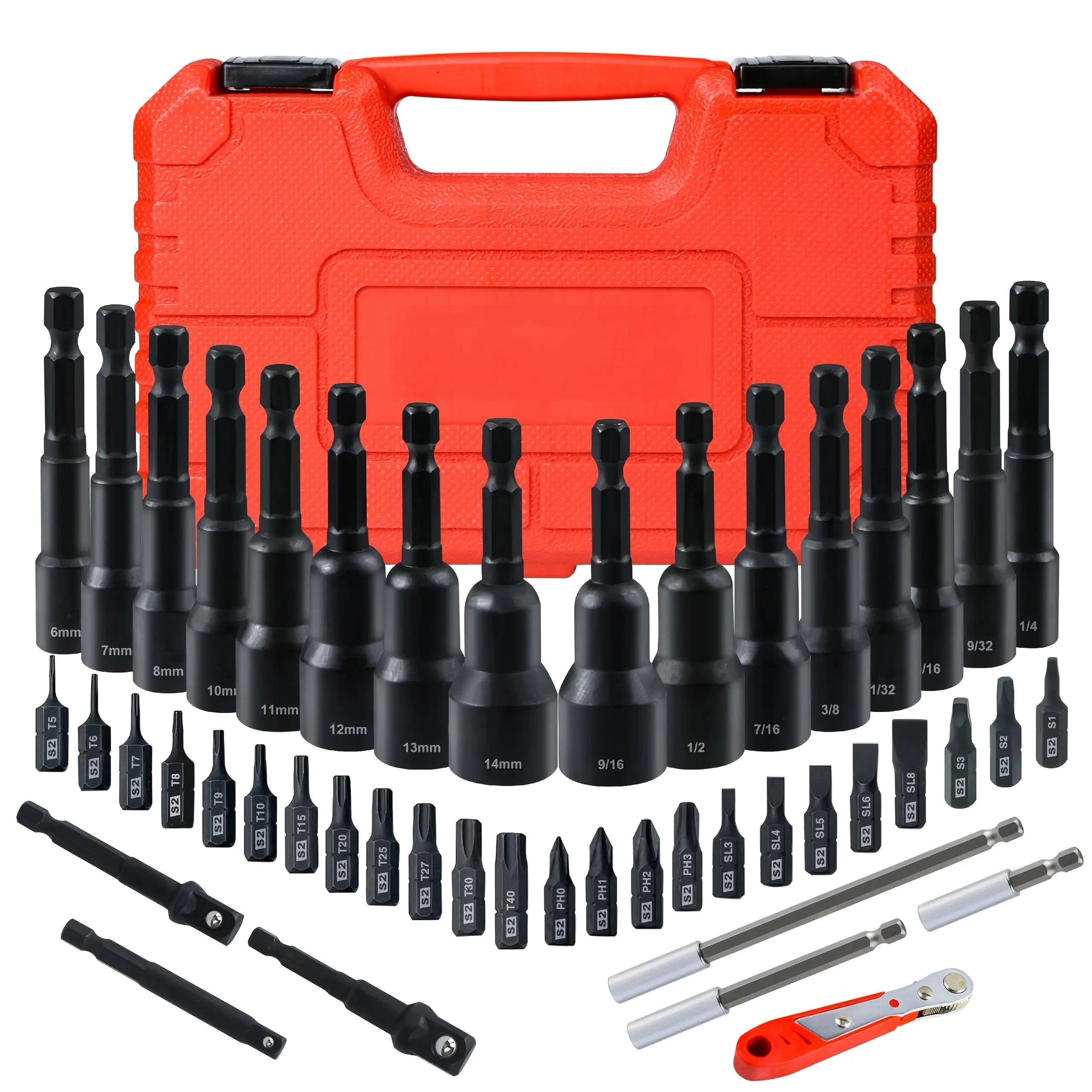 47PCS Magnetic Nut Driver & Screwdriver Bit Combo Kit, Metric SAE Hex Socket Bits Torx Phillips Slotted Drill Bits Set with Hard Storage Case for Impact Drill Auto Garage Repair nut driver set