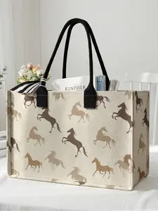 1 piece of 2D printed large capacity storage bag Tote Bag with galloping horse pattern, extra large storage bag, sturdy handle, space-saving multi-purpose, Casual Shopping Bag, Shopping Totes, suitable for use at school, on business trips, and shopping