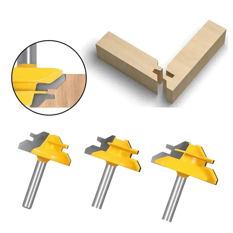 3-Piece Carbide 45-Degree Lock Miter Router Bit Set, 3 Different Sizes, 1/4 in Shank, 1/2 in, 5/8 in, 3/4 in Cutting Heights, Easy Jointing, Compatible with All Major Router Instruments