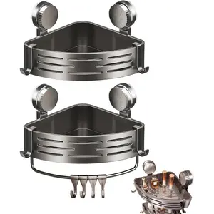 Suction Cup Shower Caddy,No Drilling Required,Shower Suction Shelf,For Kitchen, Bathroom,Storage Rack With 4 Hooks And 1 Towel Bar Gray