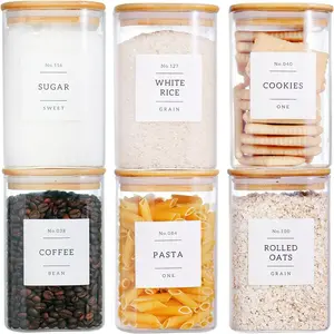 6 Pack Square Glass Kitchen Storage Jars with Airtight  Lids and 132 Pantry Labels - 35oz Glass Canisters With  Lids - Glass  Storage Containers for Coffee, Cookie, ,