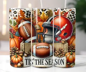 Fall Autumn Football Tis The Season 20 oz. Stainless Steel Tumbler, With Lid & Reusable Straw, Fall Themed Cup, Autumn Pumpkin Cup