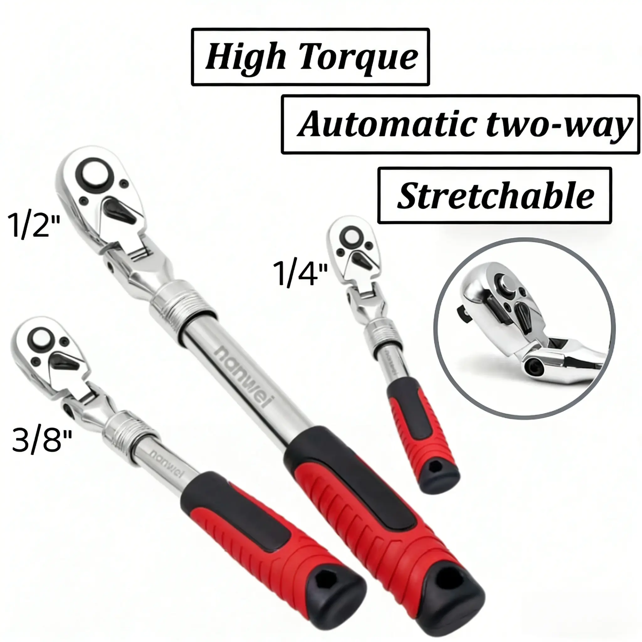 3Pcs Extendable Flex Head Ratchet Wrench Set, 1/4" 3/8" 1/2" Drive 72 Tooth Adjustable Telescopic Ratchet Handle, High Torque Reversible universal Socket Wrenches kit with Non-Slip Grip for Auto Garage DIY Repair