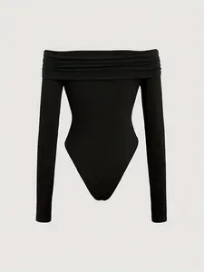 New Fashion Elegant Women's Solid Color Jumpsuit, Shoulderless Long Sleeve Design, Body Shaping Waistline, Stylish One-Piece, Bodysuits