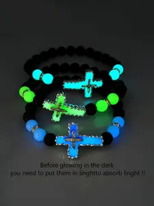 Glow in The Dark Stone Alloy Cross Bracelet, Fashionable Beaded Bracelet for Party, Daily Clothing Decor, Trendy All-match & Exquisite Jewelry for Birthday Gift, Fashionable Bangle, Elegant Bangle