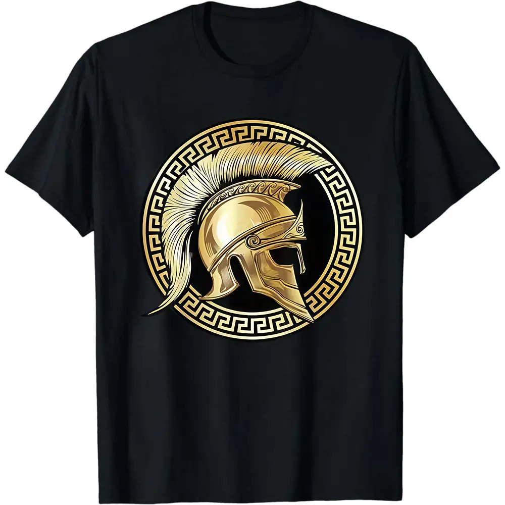 Golden Spartan Helmet Greek Key Circle Graphic Tee, Ancient Greece Gladiator Retro Men Short Sleeve T-Shirt, History Lover Gym Casual Top