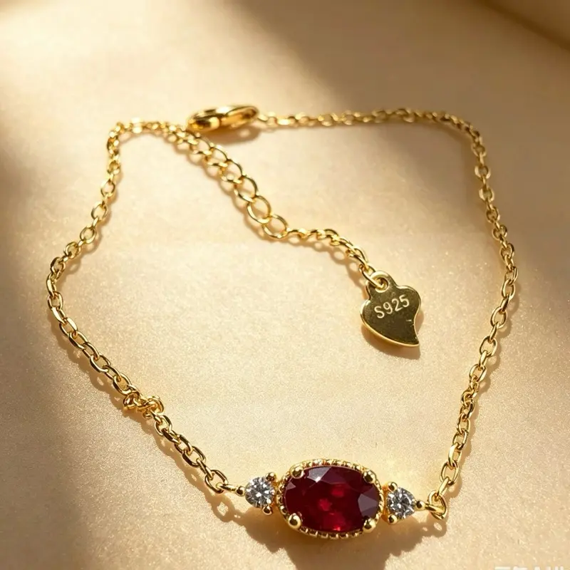 <PingEast jewelry > Ruby bracelet 08--925 sterling silver necklace set with a 4×6mm natural Type A Burmese glassy ruby. Featuring a single gemstone on a gold-toned chain. Chain length: 16cm + 5cm extender. Comes with a certificate
