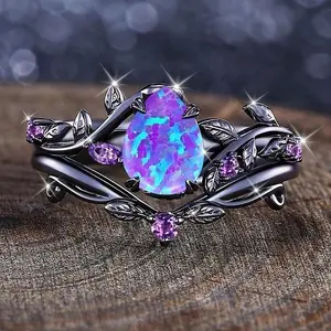 Elegant Luxurious Water Drop Synthetic Opal Vine Leaf Ring, Dainty Bridal Engagement Wedding Band, Fashion Luxury Jewelry Perfect for Valentine's Day Anniversary Wedding Birthday Gift