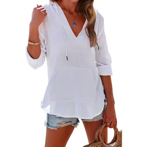 Saodimallsu Women's Beach Cover Up Hoodies Sweatshirt Long Sleeve V Neck Pocketed Hooded Shirt Top tiktokshopspringglowup