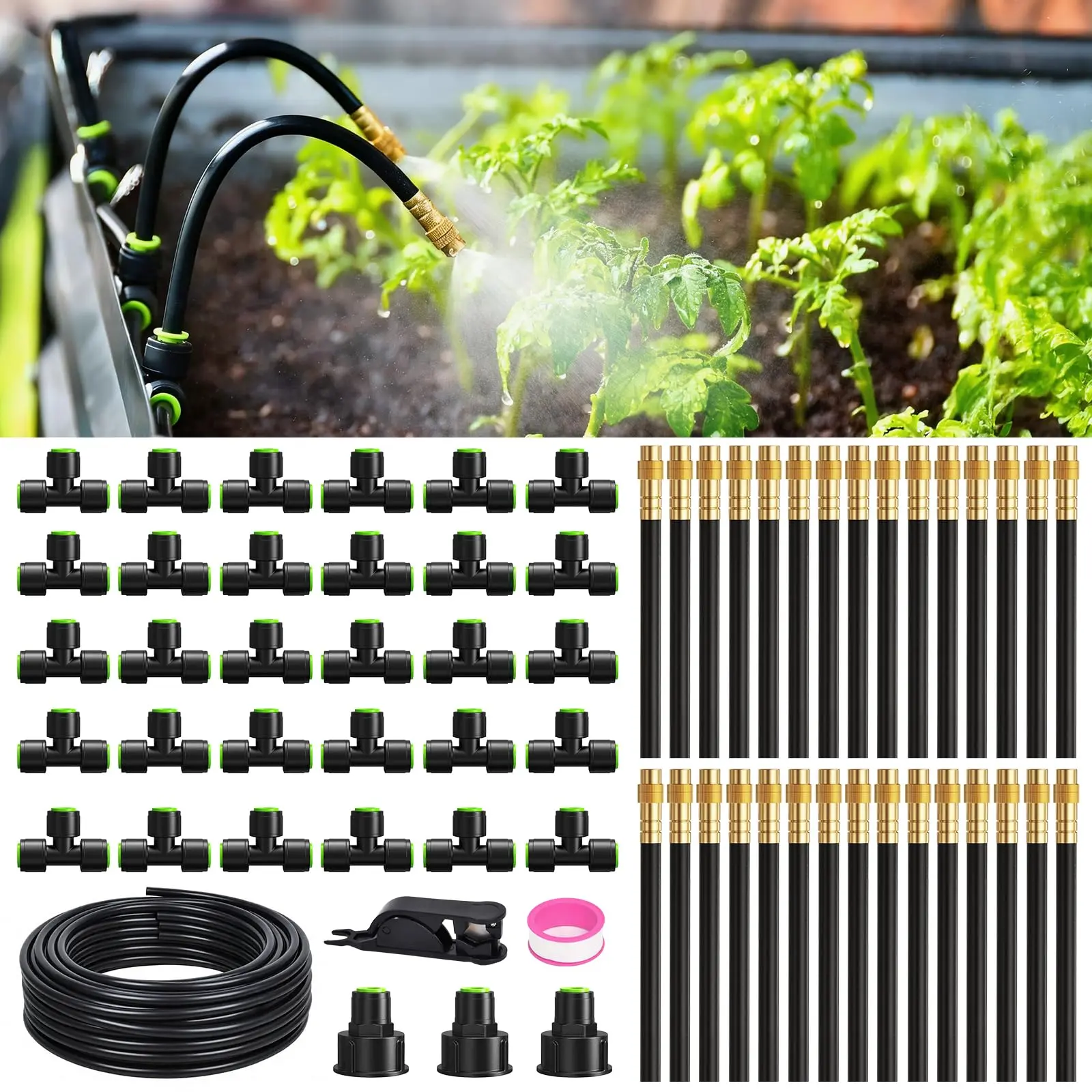 Rainpoint 50/100ft Drip System Kit - 12 Adjustable Copper Tips Auto Watering Kit with Fine Mist, Gentle Misting Sprinklers for Gardens, Greenhouses - Outdoor Home Improvement Garden Supplies