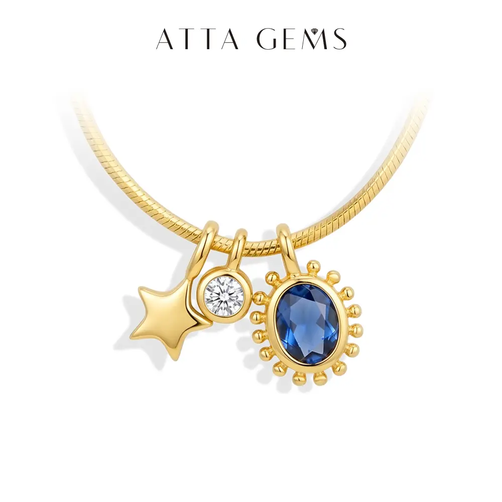 ATTAGEMS Women's Star & Sun Gemstone Charm Pendant Necklace, 2.5mm Round Cut Synthetic Moissanite, 4*5mm Oval Cut Lab-Created Sapphire, Copper Chain Jewelry for Women's Fashion, Casual Wear, Special Occasions, Birthday Gift NU04