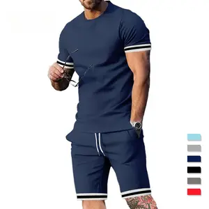 Men's Summer Sports Tracksuit Short Sleeve T-Shirt and Shorts Set Casual Athletic Outfit with White Stripe Trim Navy Blue new  york  outfit comfy  outfits unknown drip tommen