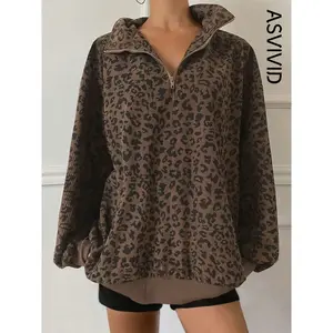 Women's Casual Leopard Print Quarter Zip Corduroy Pullover Sweatshirt, Spring & Fall Fashion, Comfortable and Stylish