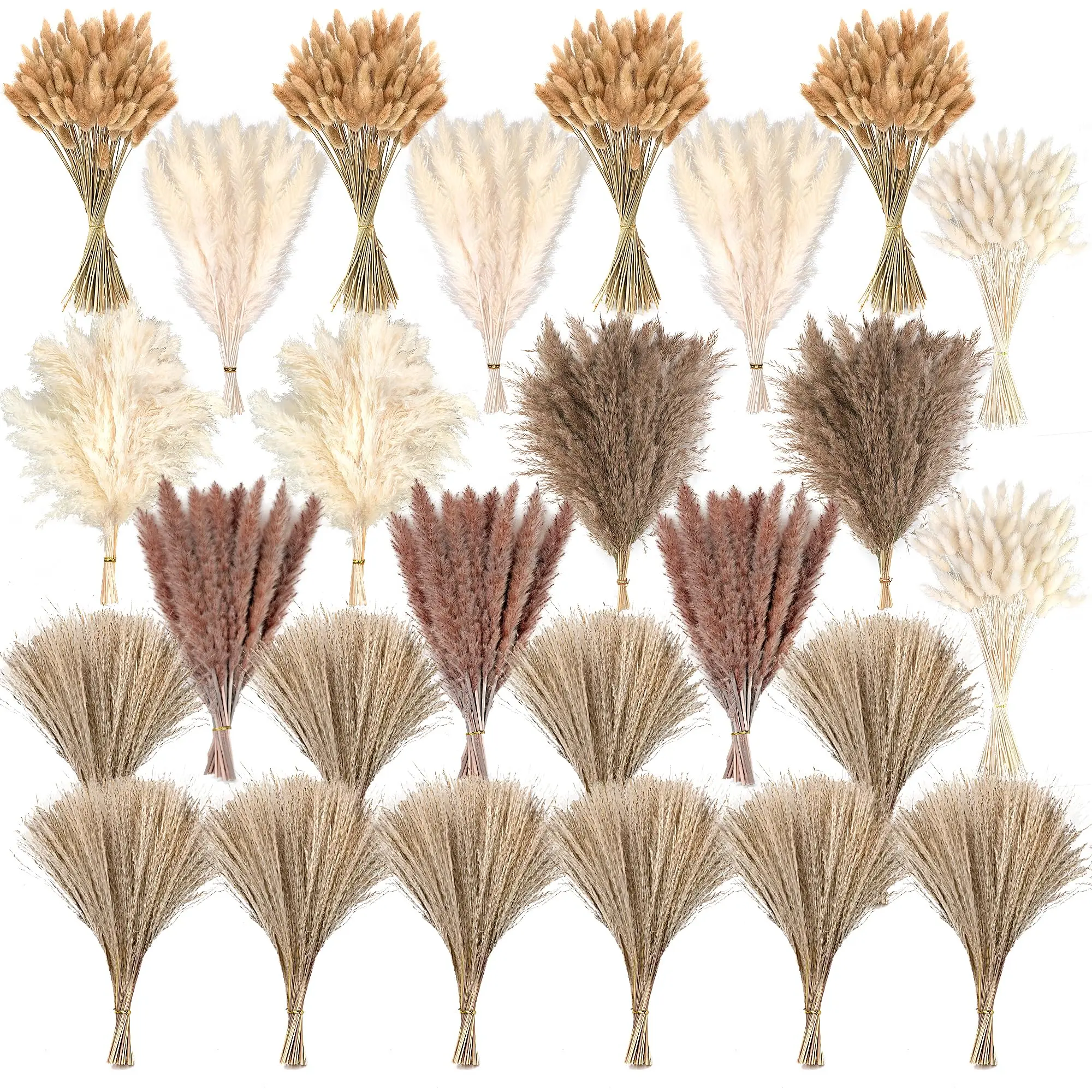 NortureFlora 610 PCS Dried Pampas Grass Bouquet Set - 17" Boho Mix with Bunny Tails, Reed Grass & Ornaments, Decorative Flowers & Plants for Entryway, Wedding Centerpiece Table Arrangements