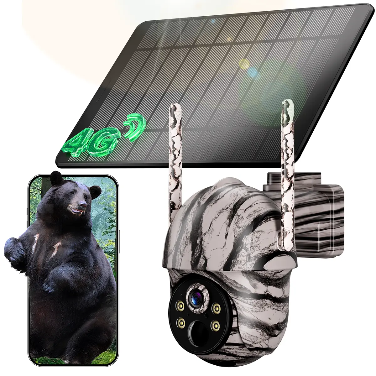 Solar  Wildlife Trail Camera 4G LTE Cellular Wildlife Camera 3K 360° Pan-Tilt Live View, Support Phone APP Live View And Playback, Action Activation And 0.2 Second Trigger Time, Auto HD Night Vision, Built-in SIM Card, with Solar Panel