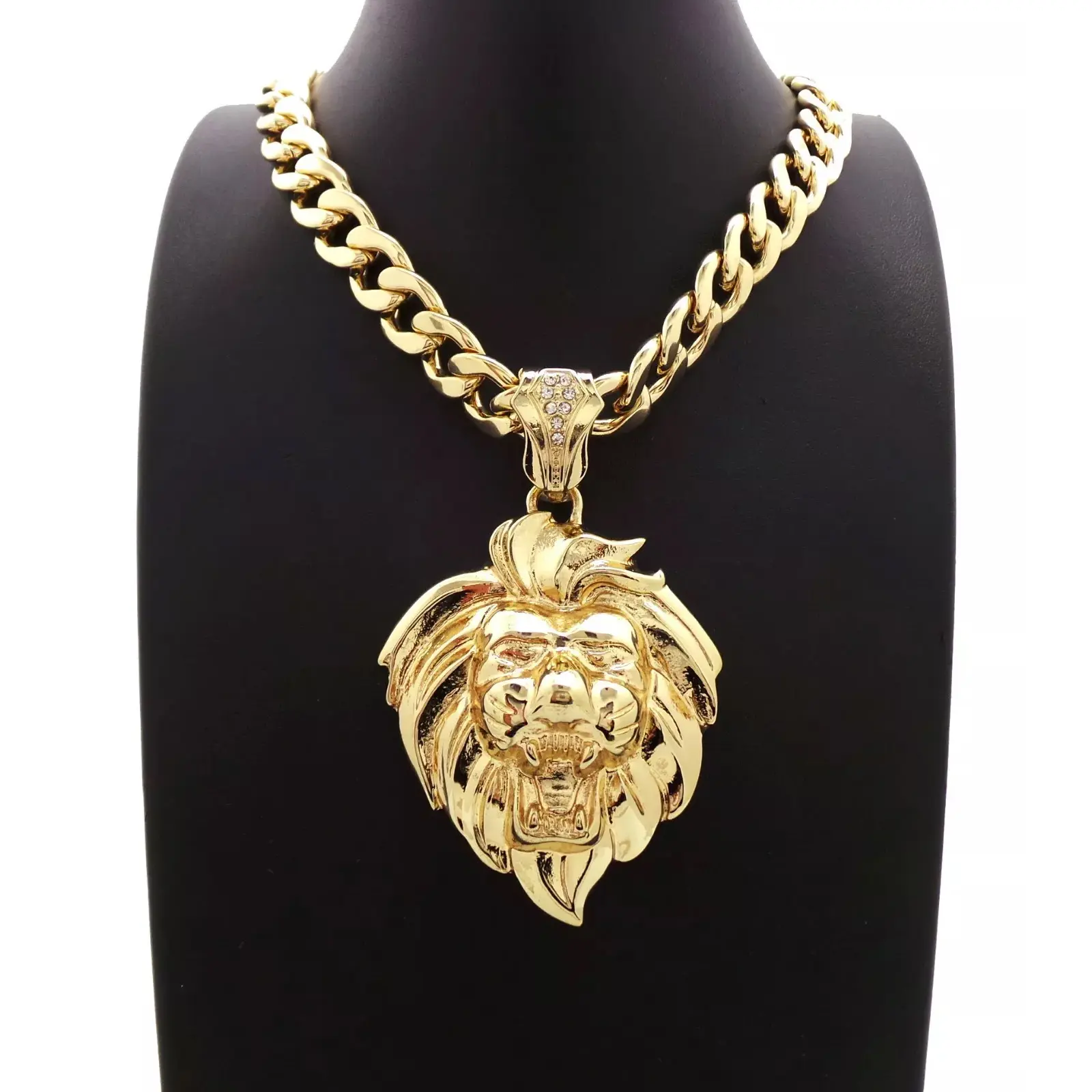 MaxBling81 Iced Lion Head Gold-Silver Plated Oversized Pendant Cuban Link Necklace - 10mm, 18in/20in/24in/30in Long Length Shiny Gold Chain Necklaces, Hip Hop Costume Jewelry for Daily Wear, Cuban Link Necklaces