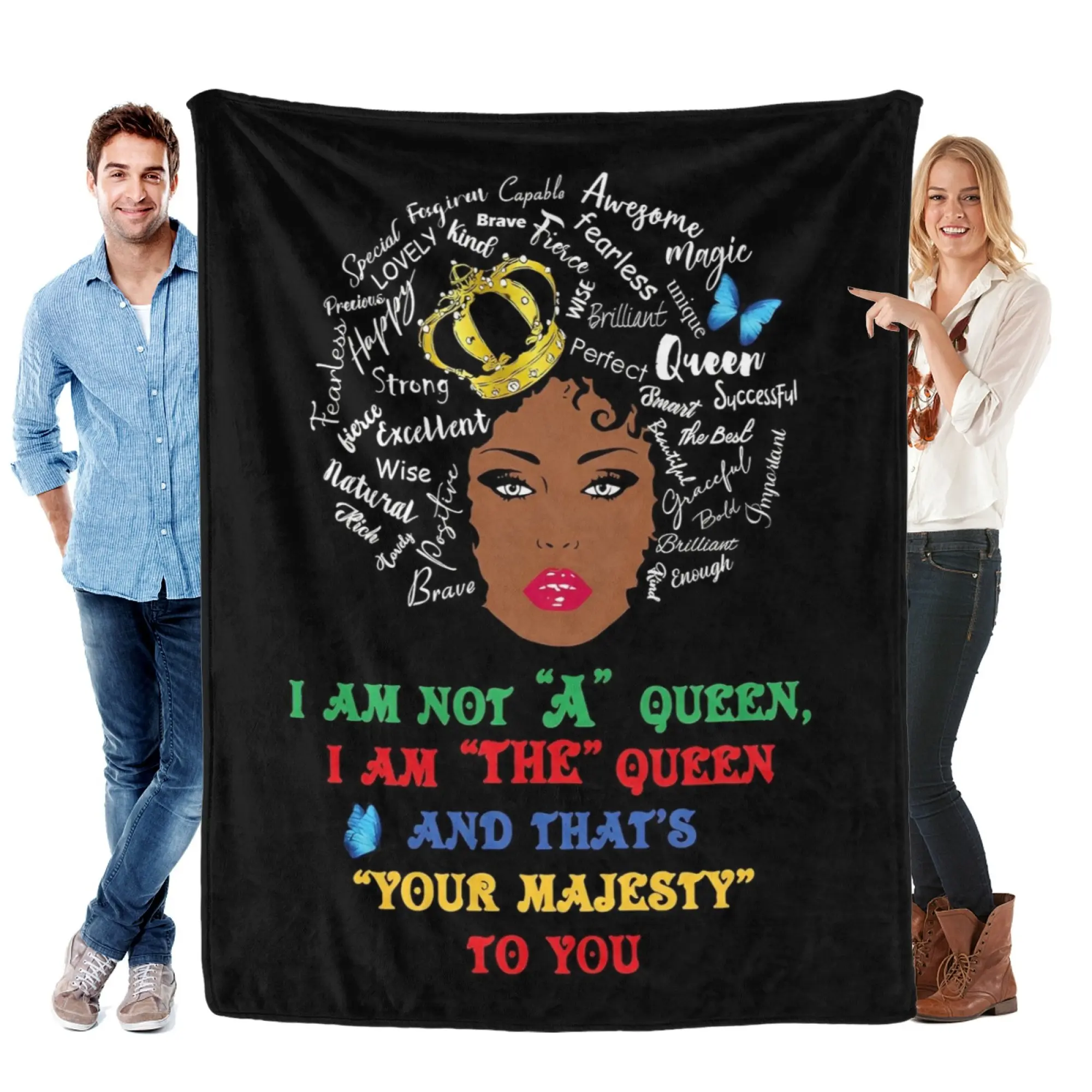 Empowerment Polyester Throw Blanket for Women, African American "I AM The Queen" Queen Quote Design, Soft Cozy Plush 50x60" Blanket for Home/Travel Decor